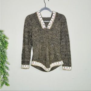 Vintage Style Knit Wool V Neck Hoodie Sweater Nordic Fair Isle S